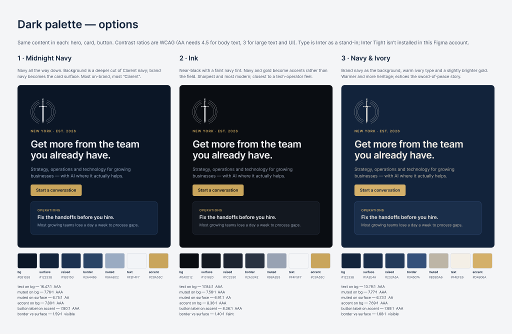 Three dark palette options with a mock hero, swatches and contrast ratios
